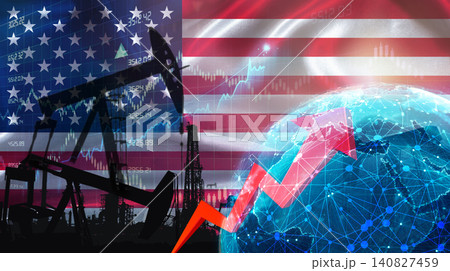 Global oil growth with American flag. International oil exports with United States flag on the economic chart 140827459