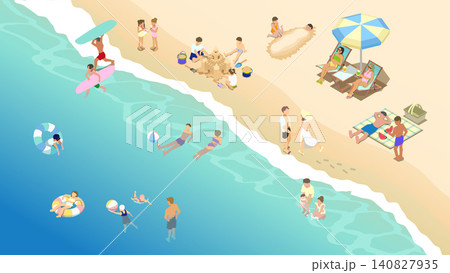 海水浴や砂遊びを楽しむ家族と観光客の夏のビーチアイソメイラスト 海水浴や砂遊びを楽しむ家族と観光客の夏のビーチアイソメイラスト 140827935