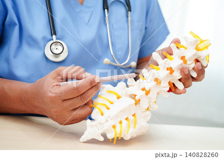 Asian doctor holding spinal nerve and bone model, Lumbar spine displaced herniated disc fragment for treatment medical in the orthopedic department. Asian doctor holding spinal nerve and bone model, Lumbar spine displaced herniated disc fragment for treatment medical in the orthopedic department. 140828260