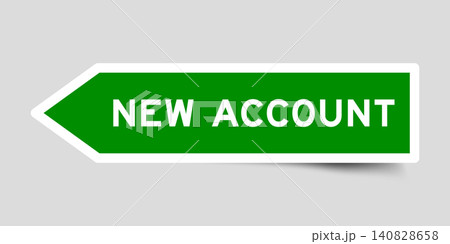 Green color arrow shape sticker label with word new account on gray background 140828658