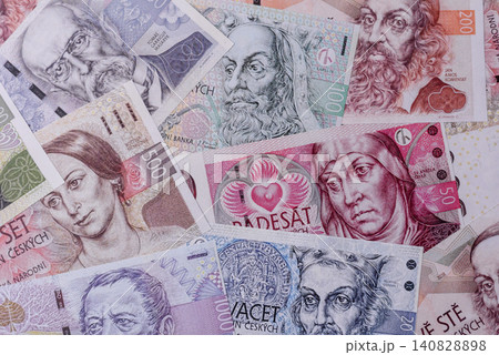 Czech paper money, koruna or crown, in various denominations for financial exchange. Czech koruna Czech paper money, koruna or crown, in various denominations for financial exchange. Czech koruna 140828898