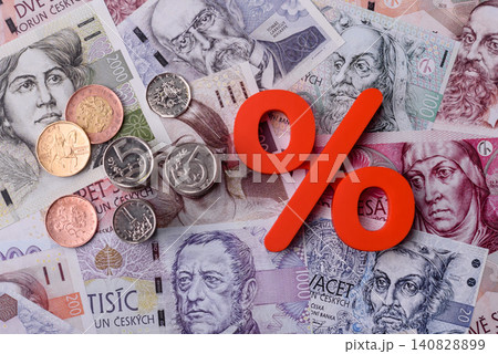 The percentage sign on cash as a concept for inflation, deposits, or tax. The percentage sign The percentage sign on cash as a concept for inflation, deposits, or tax. The percentage sign 140828899