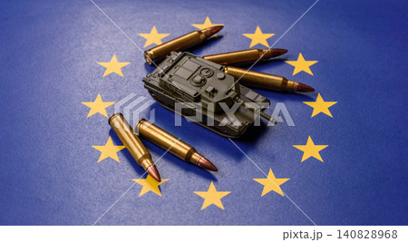 A tank on the European Union flag as a conceptual backdrop representing Europe's defense A tank on the European Union flag as a conceptual backdrop representing Europe's defense 140828968