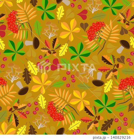 Berries, rowan, mushrooms, colorful autumn leaves, yellow background. Seamless floral pattern-151. Berries, rowan, mushrooms, colorful autumn leaves, yellow background. Seamless floral pattern-151. 140829216