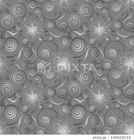 Luxury swirl pattern, silver flowers and leaves, grey background. Seamless floral pattern 296. Luxury swirl pattern, silver flowers and leaves, grey background. Seamless floral pattern 296. 140829219