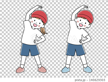 体操着姿で体側を伸ばす女の子と男の子のセットのベクターイラスト 体操着姿で体側を伸ばす女の子と男の子のセットのベクターイラスト 140829303