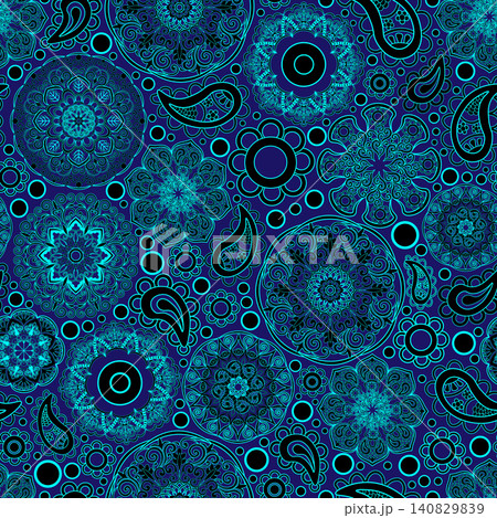 Boho style ornamental pattern, mandala patterns on blue background. Seamless floral pattern-178. Boho style ornamental pattern, mandala patterns on blue background. Seamless floral pattern-178. 140829839