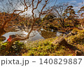 印象的な冬の枝の間から差し込むまばゆい光芒と美しく輝く二の丸庭園の池 2023年12月 140829887