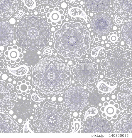 White ornament with blue outline, boho style, grey background. Seamless floral pattern-183. 140830055