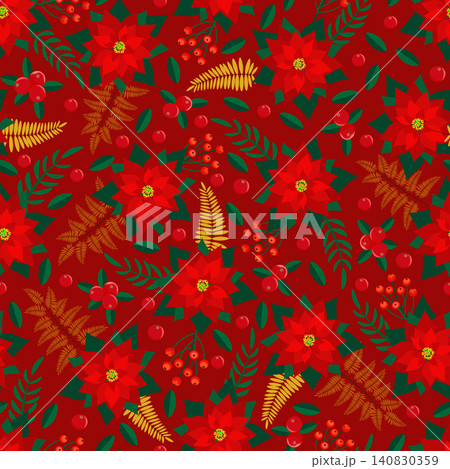 Christmas colorful pattern with red poinsettia, berries, leaves, red background. Seamless floral pattern-157. 140830359