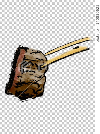 焼いた牛タンを一切れ、箸で掴んでいる手書き筆イラスト 140830623
