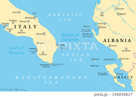 Strait of Otranto, political map. Waterway connecting Adriatic Sea with Ionian Sea, separating Italy from Albania, with a width of 72 km (45 mi) from the City Otranto to Karaburun Peninsula. Vector 140830627