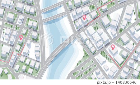 Isometric 3D City Map with Pink Location Pins Showing Navigation Route Across Urban District Isometric 3D City Map with Pink Location Pins Showing Navigation Route Across Urban District 140830646