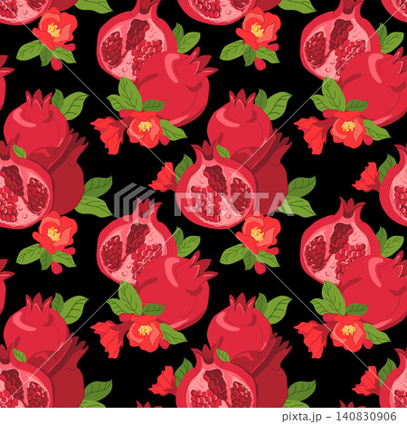 A seamless pattern of whole pomegranates, seedless pieces, leaves, and flowers. A flat style background featuring this heavenly fruit on black. Clipart for juice, perfume, and cosmetic packaging. A seamless pattern of whole pomegranates, seedless pieces, leaves, and flowers. A flat style background featuring this heavenly fruit on black. Clipart for juice, perfume, and cosmetic packaging. 140830906
