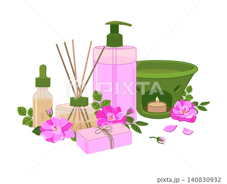 Vector aromatherapy products. Damask Pink rose flowers, reed diffuser, dropper bottle, essential oils, liquid soap dispenser, and aroma lamp. Ideal for spas, wellness and beauty treatments. Flat style Vector aromatherapy products. Damask Pink rose flowers, reed diffuser, dropper bottle, essential oils, liquid soap dispenser, and aroma lamp. Ideal for spas, wellness and beauty treatments. Flat style 140830932