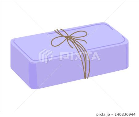 Lavender colored bar of soap for baths, showers, and spa treatments. Solid rectangular soap for body and hands. Vector flat cartoon illustration isolated on a white background. Craft product. Lavender colored bar of soap for baths, showers, and spa treatments. Solid rectangular soap for body and hands. Vector flat cartoon illustration isolated on a white background. Craft product. 140830944