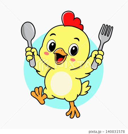 Cute cartoon chick holding fork and spoon ready to eat happy baby chicken illustration Cute cartoon chick holding fork and spoon ready to eat happy baby chicken illustration 140831578
