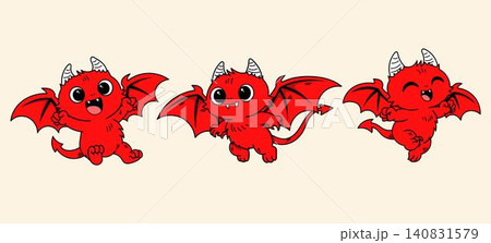 Set of cute red baby devil cartoon characters with wings horns and tails Set of cute red baby devil cartoon characters with wings horns and tails 140831579