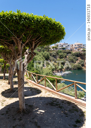 Vertical shot of topiary trees and wooden fence overlooking Lake Voulismeni in Agios Nikolaos, Crete, Greece Vertical shot of topiary trees and wooden fence overlooking Lake Voulismeni in Agios Nikolaos, Crete, Greece 140831718