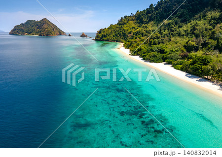 Aerial drone view of tropical landscape over Madam Beach of Nyaung Oo Phee Island in Myanmar 140832014