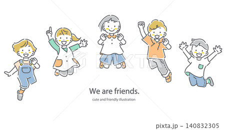 元気いっぱいの笑顔でジャンプをする子供たち シンプルでかわいい線画イラスト 元気いっぱいの笑顔でジャンプをする子供たち シンプルでかわいい線画イラスト 140832305