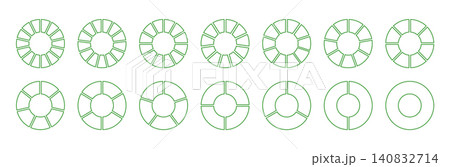 Wheel round divided green blank diagrams from one to fourteen segments. Circle division on 1, 2, 3, 4, 5, 6, 7, 8, 9, 10, 11, 12, 13, 14 equal parts. Coaching blank. Infographic set. 140832714