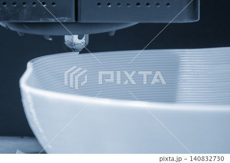 Macro photography of layered material structure generated by a fused deposition modeling FDM 3D printing machine. 140832730