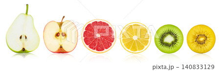 Fruits halves isolated. Slices of red apple, green kiwi, golden kiwi, green pear, lemon and grapefruit isolated with reflection. 140833129