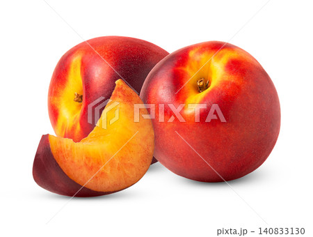 Whole ripe perfect nectarine peach and cut in a slice isolated. Nectarine peaches isolate. Whole ripe perfect nectarine peach and cut in a slice isolated. Nectarine peaches isolate. 140833130