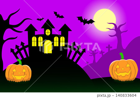 Happy Halloween illustration Background with purple color and dark castle Happy Halloween illustration Background with purple color and dark castle 140833604