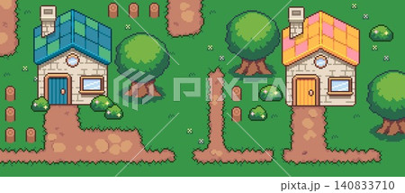 ドット絵の見下ろし型ゲーム風マップ,草原と家 ドット絵の見下ろし型ゲーム風マップ,草原と家 140833710
