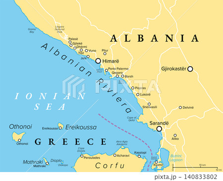 Albanian Riviera, known as Bregu, political map. Coastline along north-eastern Ionian Sea, and a section of the Albanian Ionian Sea Coast, dotted with villages, town Himare, and city Sarande. Vector Albanian Riviera, known as Bregu, political map. Coastline along north-eastern Ionian Sea, and a section of the Albanian Ionian Sea Coast, dotted with villages, town Himare, and city Sarande. Vector 140833802