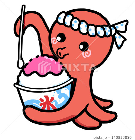 かき氷を食べる鉢巻を締めたタコ かき氷を食べる鉢巻を締めたタコ 140833850