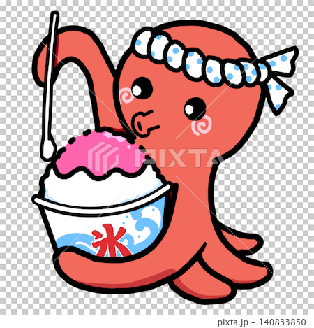 一隻戴著髮帶的章魚在吃刨冰 140833850