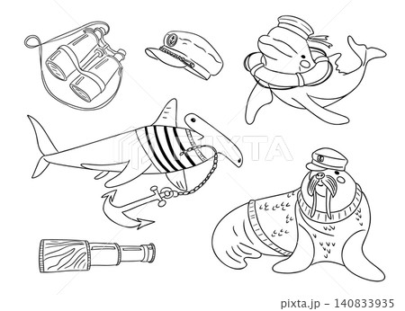 Illustration of marine animals including a shark, dolphin, and walrus dressed as sailors with nautical accessories like binoculars, a telescope, and an anchor Illustration of marine animals including a shark, dolphin, and walrus dressed as sailors with nautical accessories like binoculars, a telescope, and an anchor 140833935