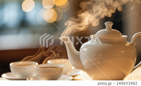 A realistic simply a white teapot and spotless white tea glasses. A realistic simply a white teapot and spotless white tea glasses. 140833982