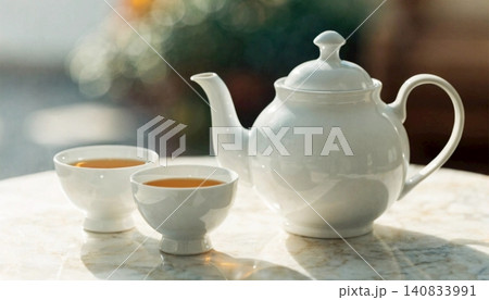 A realistic simply a white teapot and spotless white tea glasses. 140833991