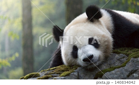 Realistic Adorable giant panda bear sleeping on rock Realistic Adorable giant panda bear sleeping on rock 140834042
