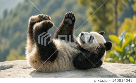 Realistic Adorable giant panda bear sleeping on rock Realistic Adorable giant panda bear sleeping on rock 140834045