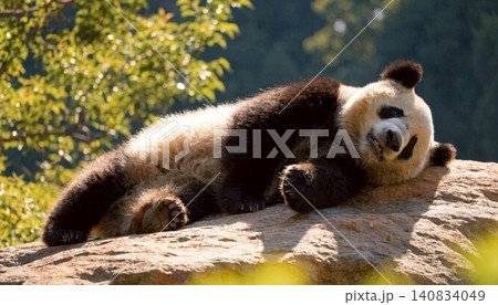 Realistic Adorable giant panda bear sleeping on rock 140834049