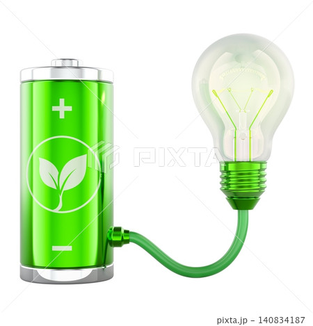 Green eco battery connected to a light bulb, sustainable energy storage and clean electricity concept, 3d rendering Green eco battery connected to a light bulb, sustainable energy storage and clean electricity concept, 3d rendering 140834187