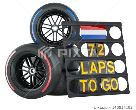 Netherlands racing, pit board with flag of Holland and racing wheels. 3D rendering Netherlands racing, pit board with flag of Holland and racing wheels. 3D rendering 140834192
