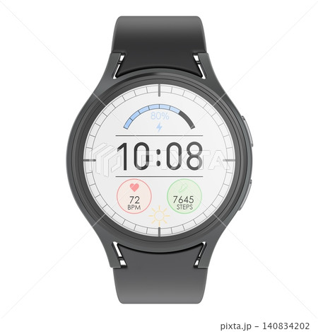 Black smartwatch showing time, battery level, heart rate and step count, fitness tracking, 3d rendering Black smartwatch showing time, battery level, heart rate and step count, fitness tracking, 3d rendering 140834202
