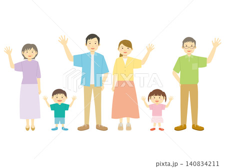 笑顔で手を振る夏服の6人の家族のイラストのセット 笑顔で手を振る夏服の6人の家族のイラストのセット 140834211