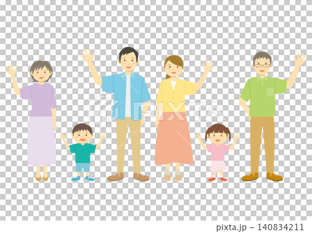 笑顔で手を振る夏服の6人の家族のイラストのセット 笑顔で手を振る夏服の6人の家族のイラストのセット 140834211