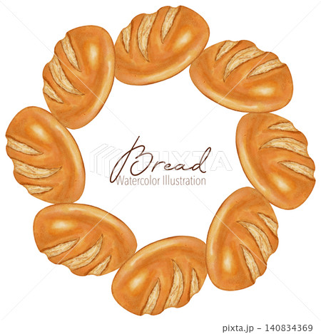 Watercolor illustration circular frame of various loaves of dark and white bread. Perfect for bakery branding, menu, food packaging, cookbooks, recipes, food markets, and cooking schools. Watercolor illustration circular frame of various loaves of dark and white bread. Perfect for bakery branding, menu, food packaging, cookbooks, recipes, food markets, and cooking schools. 140834369