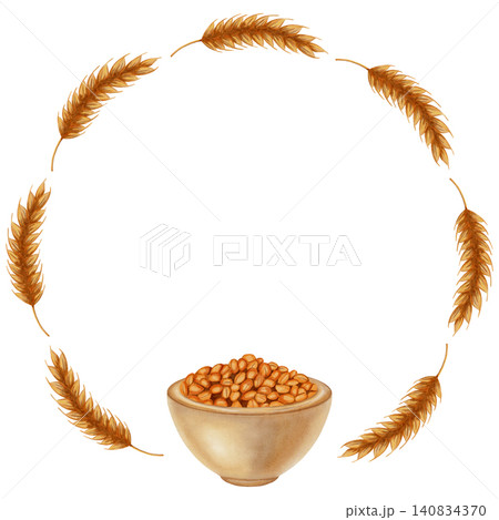 Watercolor illustration of a circular frame depicting a combination of wheat ears and grain. Perfect for bakery branding, menus, food packaging, cookbooks, recipes, harvest themes, and artisan baking Watercolor illustration of a circular frame depicting a combination of wheat ears and grain. Perfect for bakery branding, menus, food packaging, cookbooks, recipes, harvest themes, and artisan baking 140834370