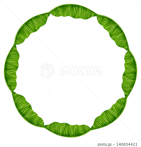 Watercolor illustrations banana leaves wreath isolated on white background. Tropical green foliage frame, round border. Botanical art for food packaging, fabrics, wallpaper, kitchen decor, cafe menus Watercolor illustrations banana leaves wreath isolated on white background. Tropical green foliage frame, round border. Botanical art for food packaging, fabrics, wallpaper, kitchen decor, cafe menus 140834421