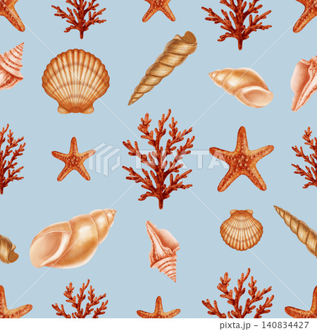 Minimalist marine seamless pattern featuring various watercolor seashells, orange corals, and starfish. Children's, nautical, travel themes. Suitable for design, prints, postcards, sea travel Minimalist marine seamless pattern featuring various watercolor seashells, orange corals, and starfish. Children's, nautical, travel themes. Suitable for design, prints, postcards, sea travel 140834427