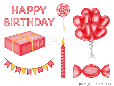 Watercolor birthday party elements set. Hand drawn celebration clipart with colorful balloons, cake, gift box, party hats, confetti poppers, festive garlands and Happy Birthday lettering isolated. Watercolor birthday party elements set. Hand drawn celebration clipart with colorful balloons, cake, gift box, party hats, confetti poppers, festive garlands and Happy Birthday lettering isolated. 140834475